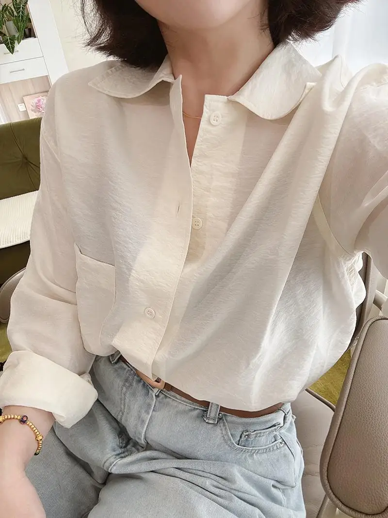 

Retro Textured Neutral Sle Loose Silhouette Long Sve Silk irt Fre Milk White Dry Tead True Silk Long Sve irt