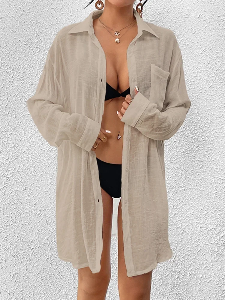 2025 neue Strand-Vertuschungen für Damen, Bikini-Vertuschung, einreihige Tasche, einfache Langarm-Sommermode, Hemdkleid, Strandmode