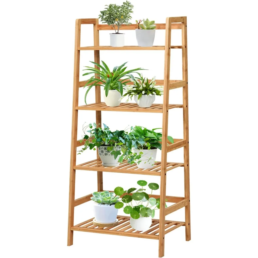 

COSTWAY 4-tier Ladder Shelf, Bamboo Plant Stand Rack, Freestanding Bookshelf, Multifunctional Storage Shelves, Flower Stand Rack