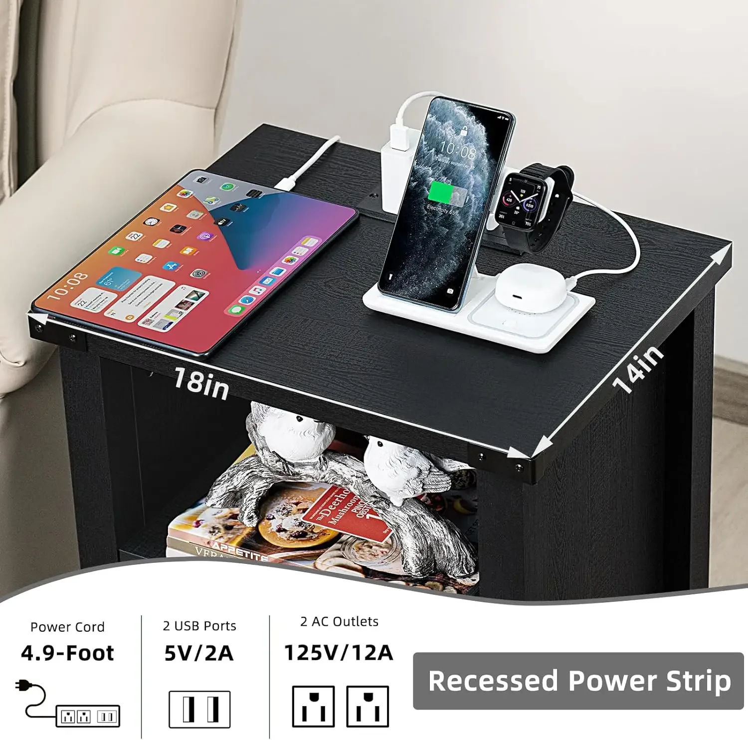 [سعر مخفض، حار بيع! ]مجموعة حامل ليلي مكونة من 2، منضدة مزرعة مقاس 18 بوصة مع قاعدة شحن ومنفذ USB، ريفي