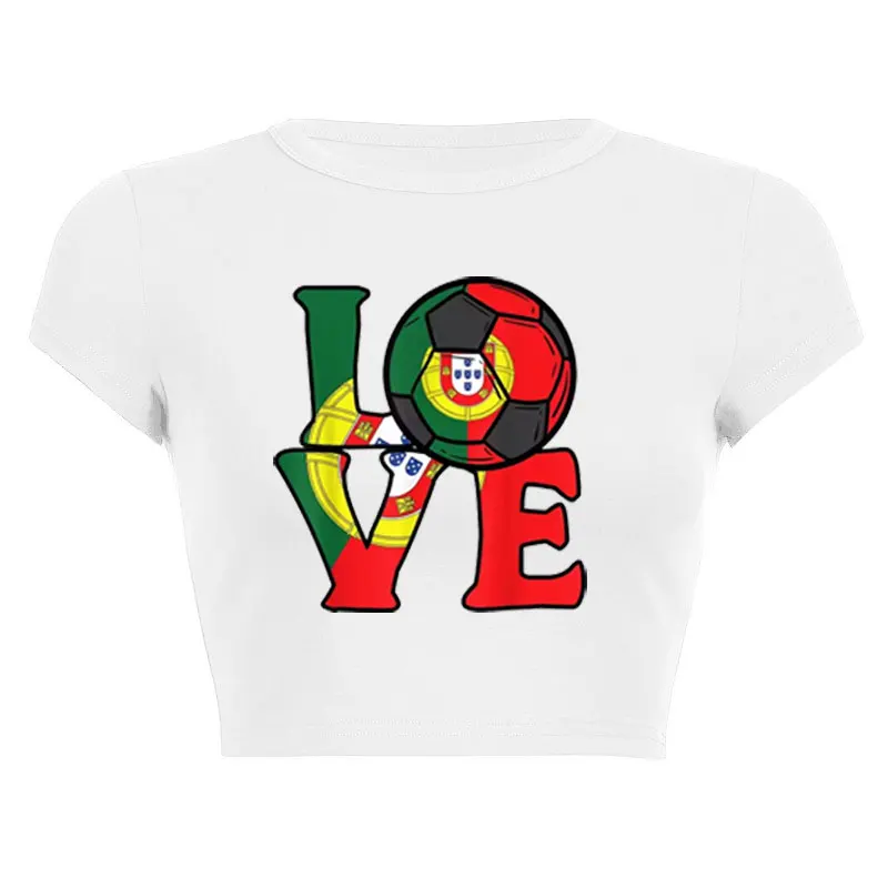 2026 Portugal Flag Tee Football Soccer Flag Printing Crop Tee Girls Summer Slim Top Girls Casual Summer 90s Tops