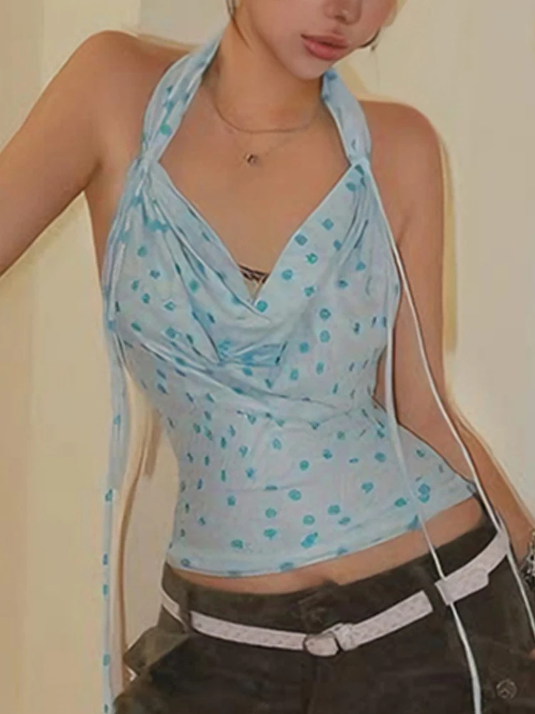 

Sisterlinda топы на бретелях с распашным воротником, женские топы с открытой спиной и лямкой в горошек, популярная уличная одежда для девочек, дикая базовая классическая летняя майка