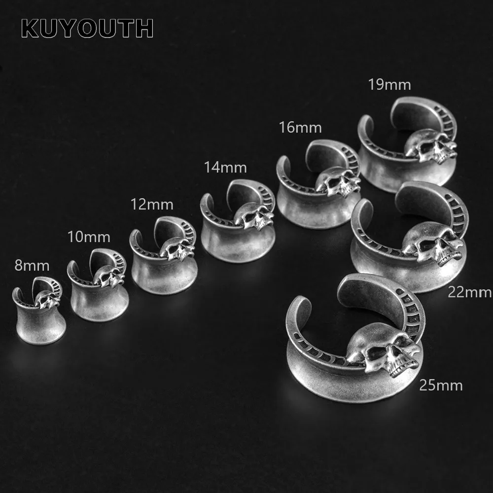 KUYOUTH Popular Copper Skull Horn Notched Ear Tunnels Gauges Piercing Earring Body Jewelry Plugs Expanders 8mm-25mm 2PCS