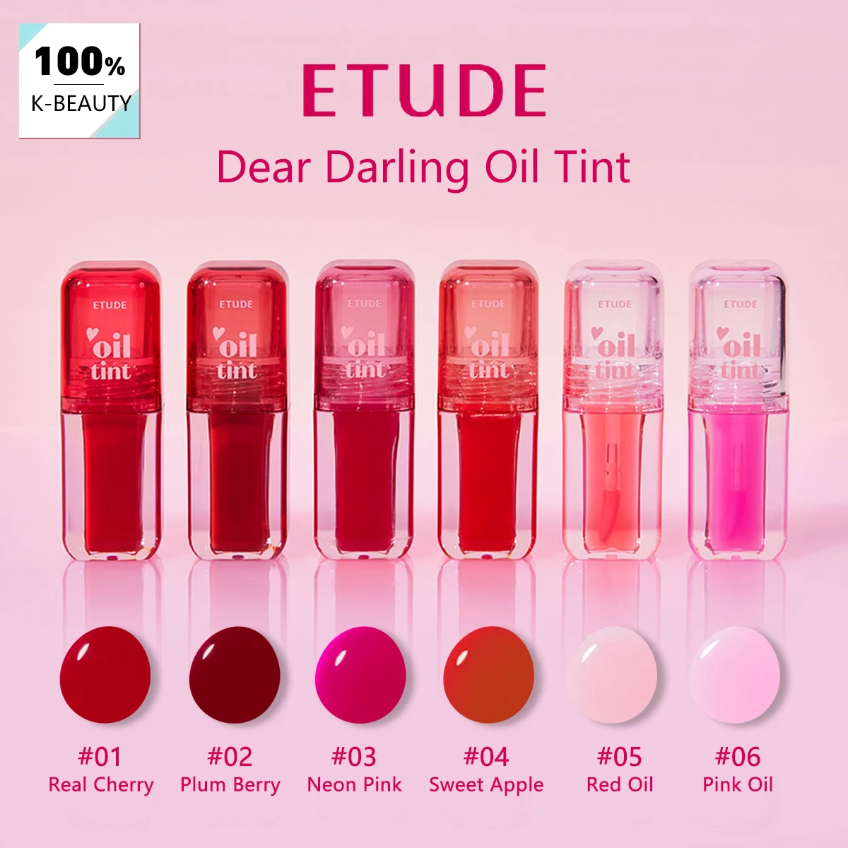 

ETUDE Dear Darling Oil Tint, водно-масляная текстура, легкий и нелипкий состав, глянцевый зеркальный финиш, корейская косметика, корейский макияж