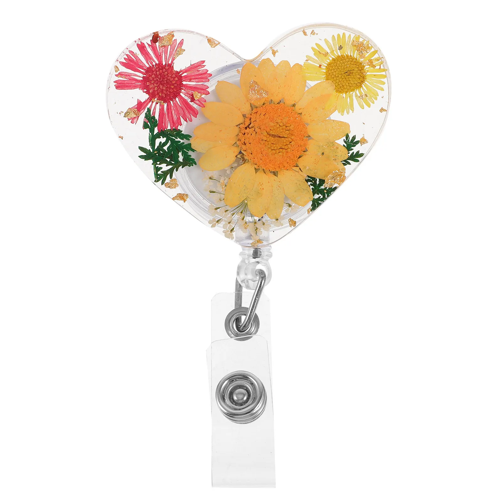 

Heart Shaped Dried Flower Retractable Badge Holder Reel Clip Work Badge Clip for Nurse Id Card Key Holder Chest Card Clips