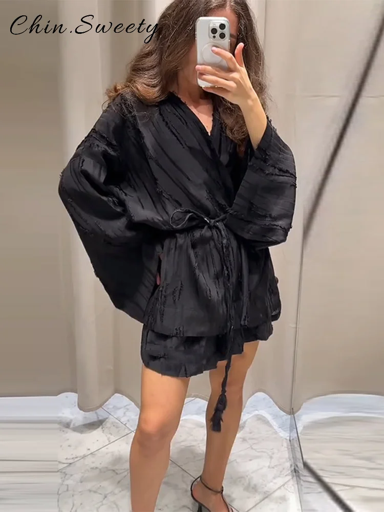 

Elegant Tassel Lace Up Shirts Shorts Sets Women Loose V-neck Full Sleeve Blouses Wide Leg Mini Pants 2025 Summer Lady Outfits