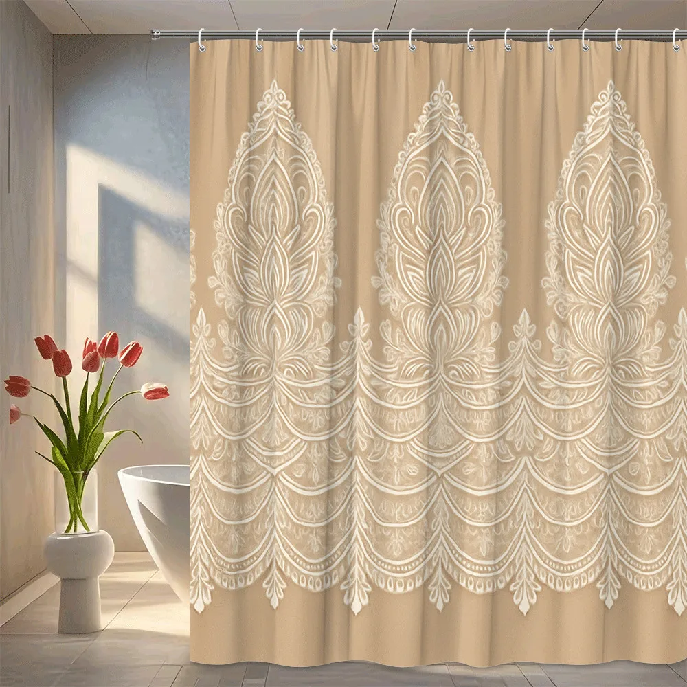 

Elegant Beige Lace Pattern Shower Curtain Vintage Floral Design on Soft Background Classic Bathroom Decor Waterproof Quick Setup