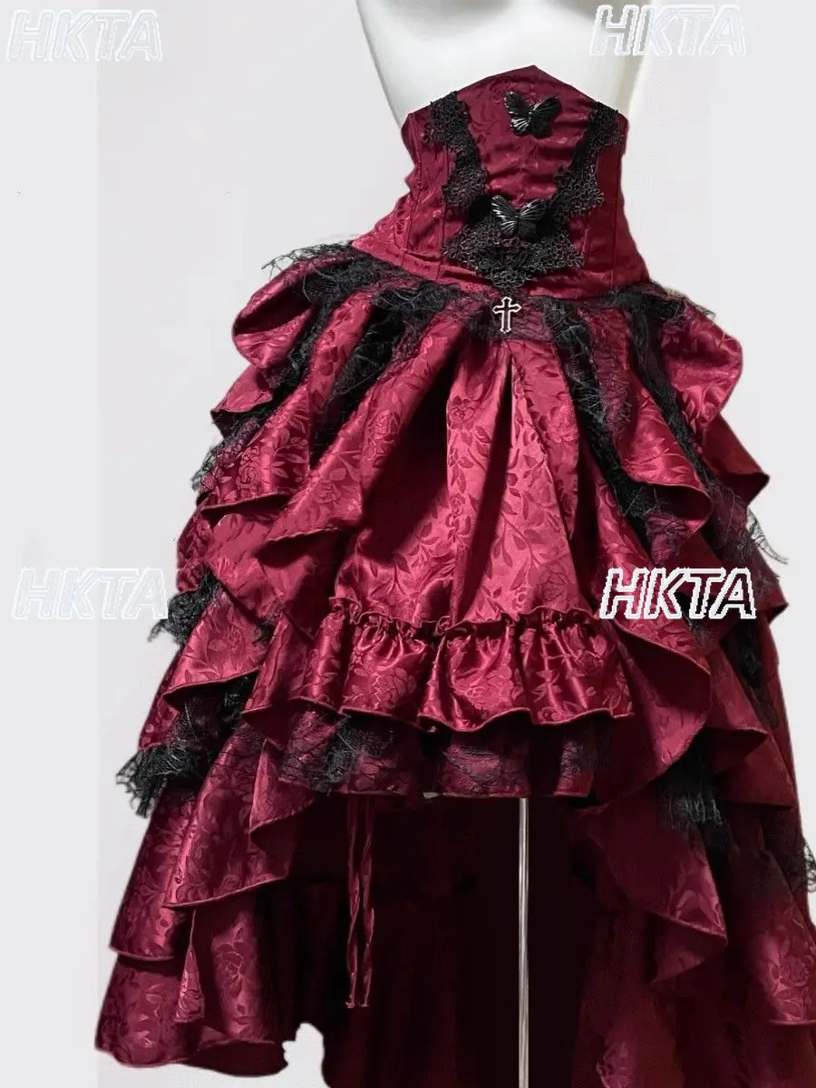 Dark Gothic Style Halter Long Skirt Women Girls Gothic Lolita Heavy Craft Ruffled Lace Skirt Elegant Sexy Sleeveless Vest Set view 3