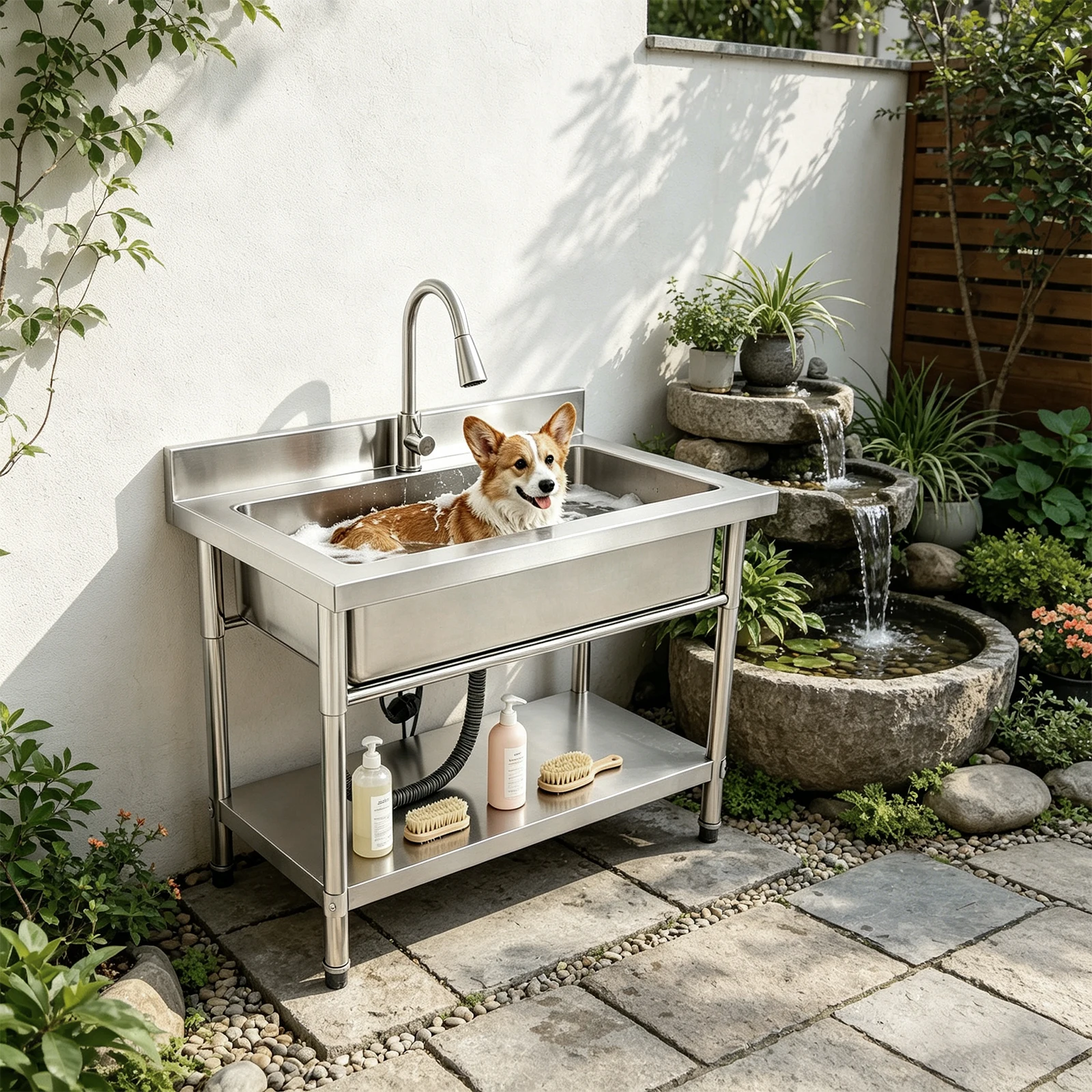 Single Bowl Bar Sink Freestanding 304 Stainless Steel 661lbs Capacity with Pull-Out Sprayer Faucet for Utility Room Backyard