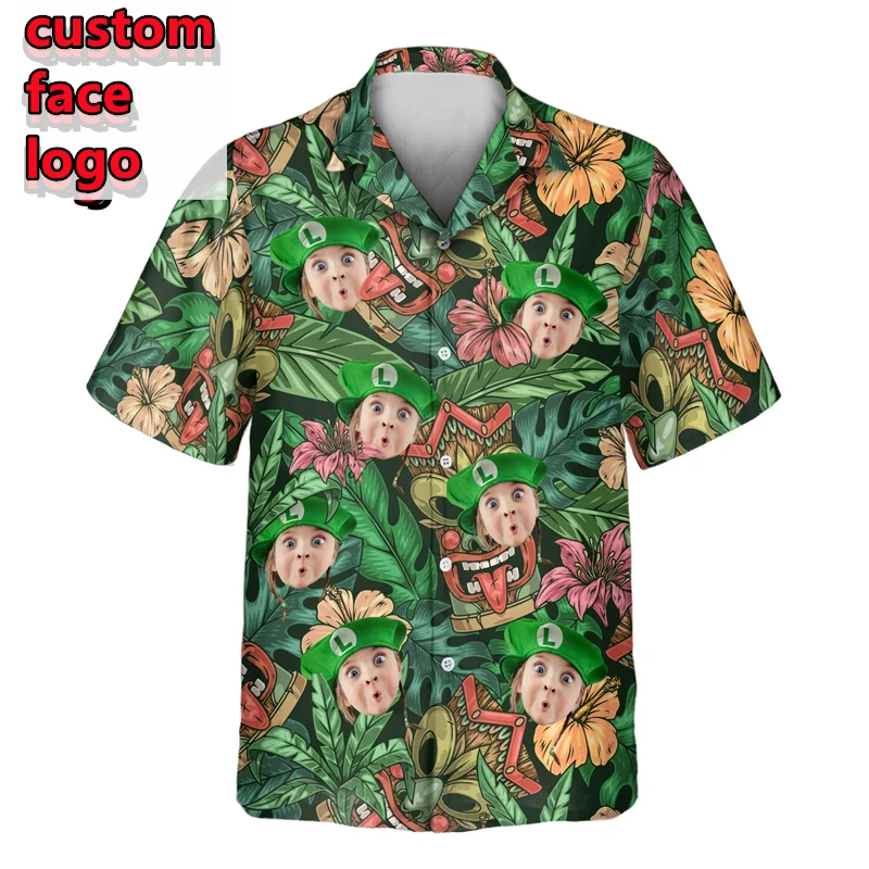 

Рубашки с гавайским рисунком фламинго для членов семьи на заказ, персонализированные пляжные рубашки с изображением лица «сделай сам», мужские рубашки Aloha с короткими рукавами