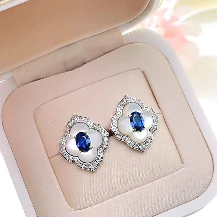 S925 Sterling Silver Ring Necklace Earrings Light Luxury Clover Fritillary Pendant Blue Tip Crystal Jewelry Set For Women Girls