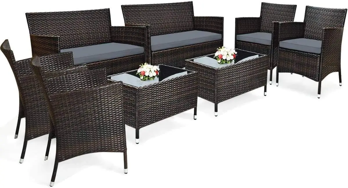 

Комплект садовой мебели из ротанга из 8 предметов, набор для отдыха с кофейным столиком из закаленного стекла и подушками, модель Mode