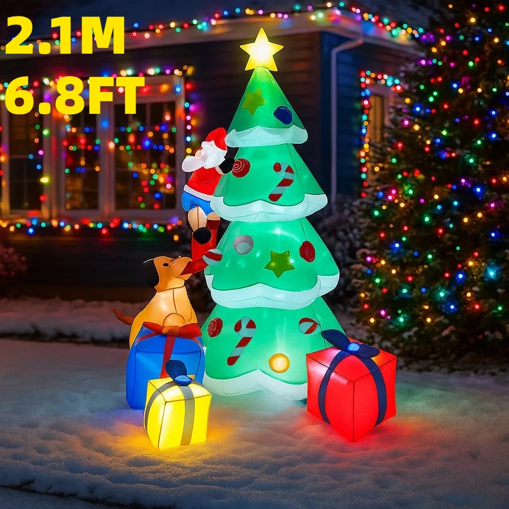 

2.1M/6.8FT Inflatable Christmas Tree Santa Claus Dog Gift Boxes Lights LED Home Decoration Toys Yard Xmas Holiday Decor Supplies