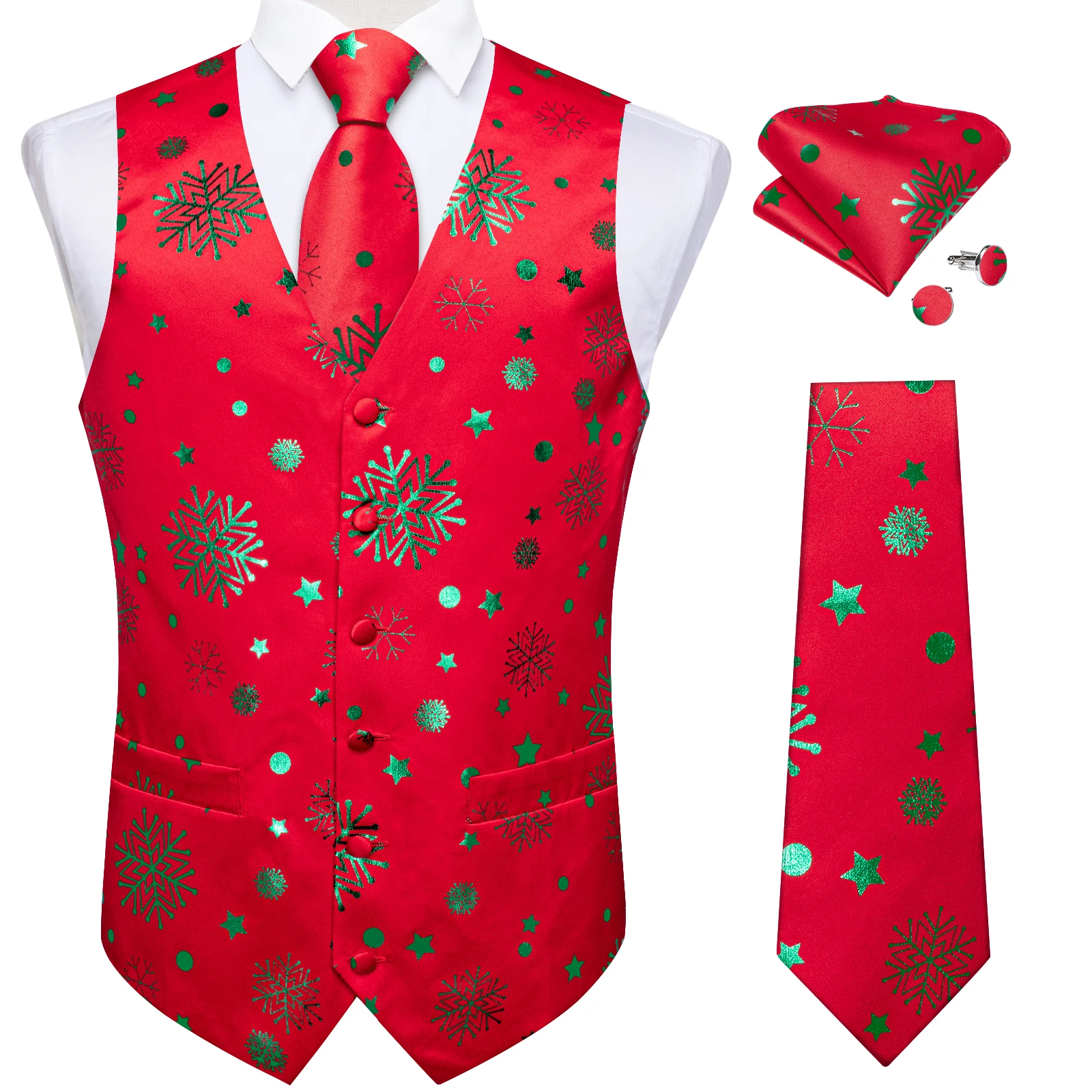 Christmas Santa Clause Red Vest for Man Family Party Clothing Elk Candy Cane Snowman Print Waistcoat Pocket Square Cufflinks Set