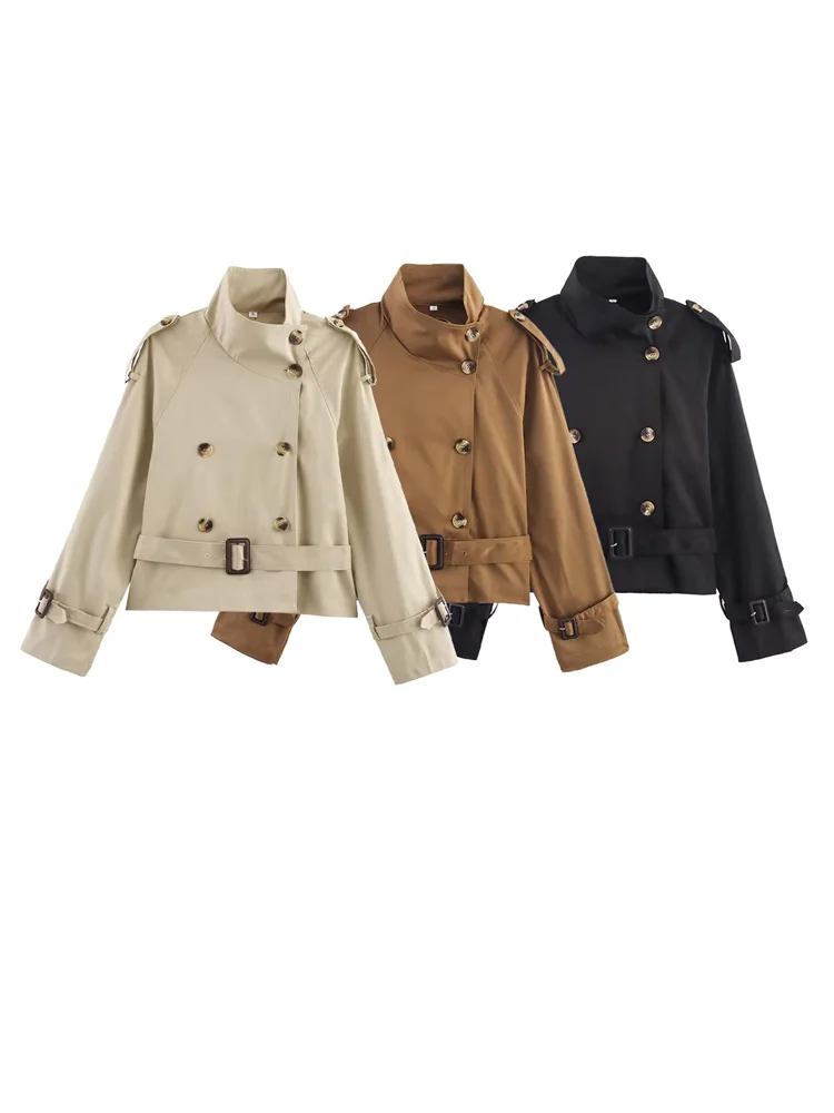 HH Women Fashion Double Breasted Belt Decoration Short Coat Female Autumn Solid High Collar Asymmetrical Casual Street Jacket