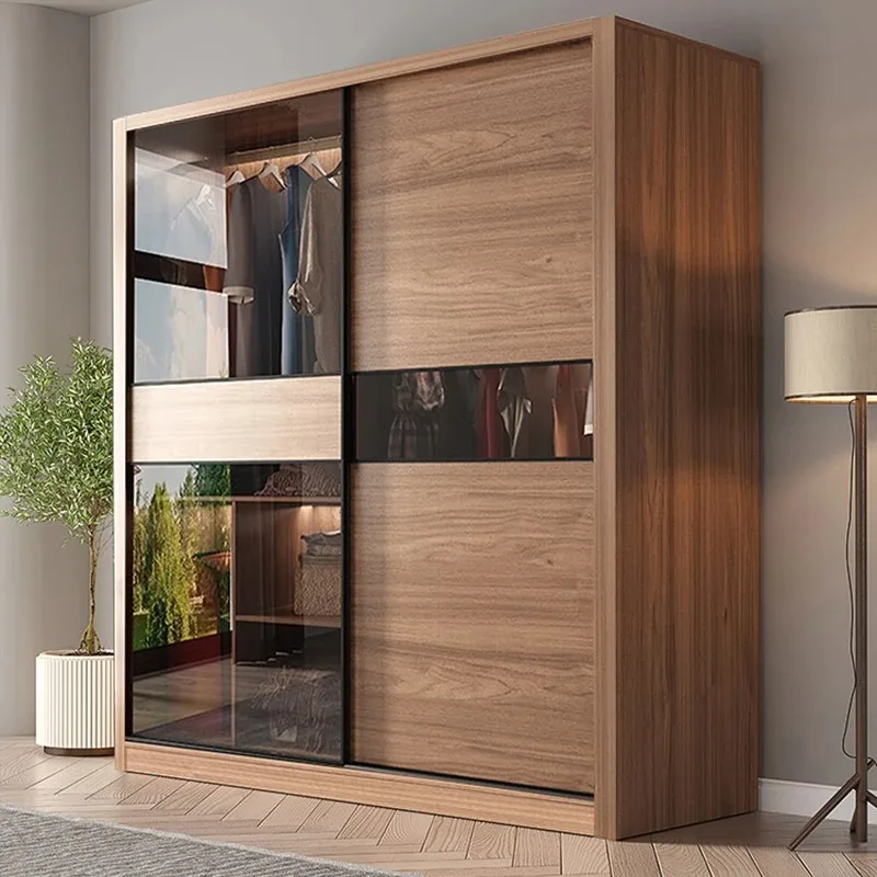 

Hanging Clothes Glass Wardrobes 2 Doors Modern Organizer Bedroom Wardrobe Closet Wooden Sliding Door Armario Resina Furniture
