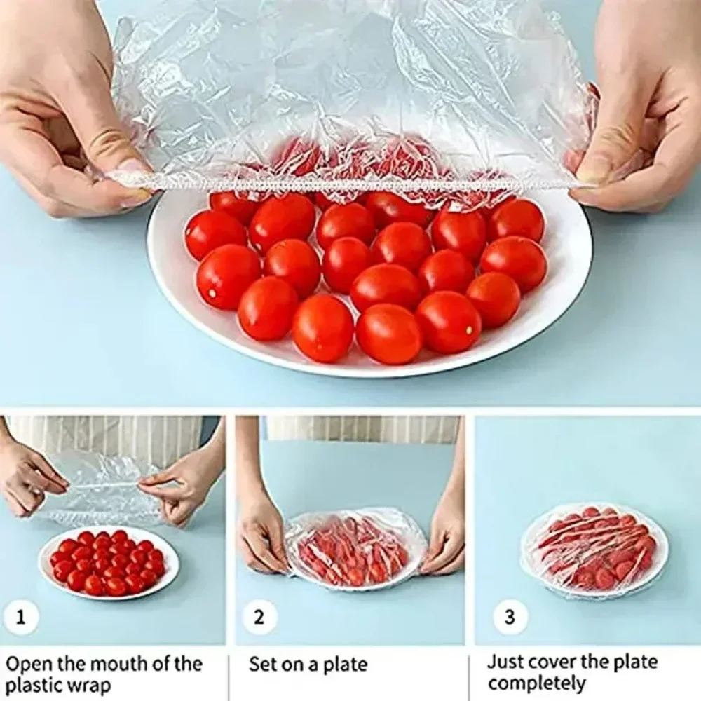 100PCS Transparente Frische-halten Abdeckung Lebensmittel Lagerung Abdeckungen Für Obst Gemüse Wiederverwendbare Schüssel Abdeckung Kunststoff Schüssel Platte Dichtung wickeln – Detail 2