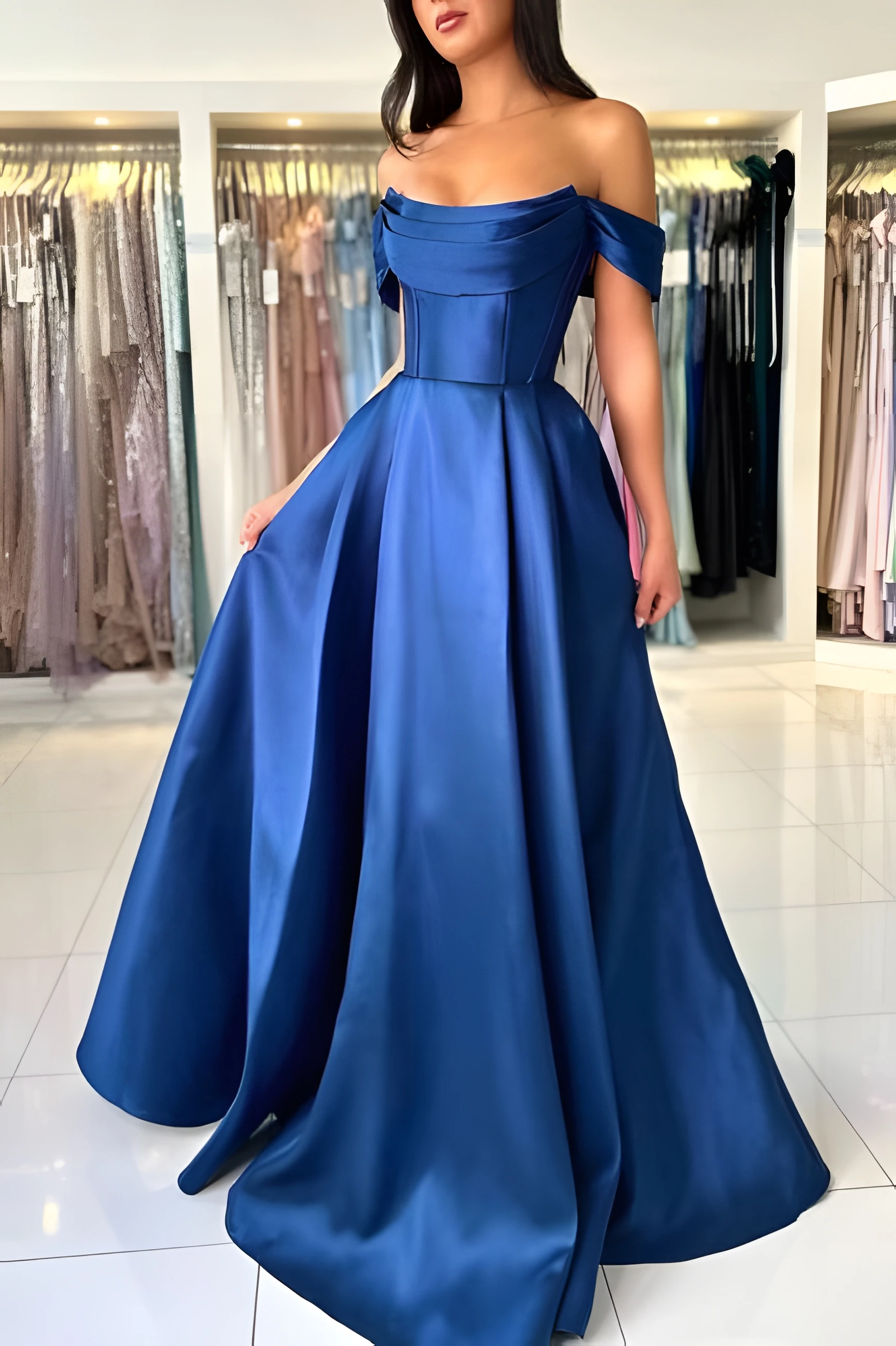 

Simple Satin-Effect Prom Evening Dresses Quinceanera A-Line Flared Maxi Dress Off The Shoulder Zipper Sleeveless Floor Length