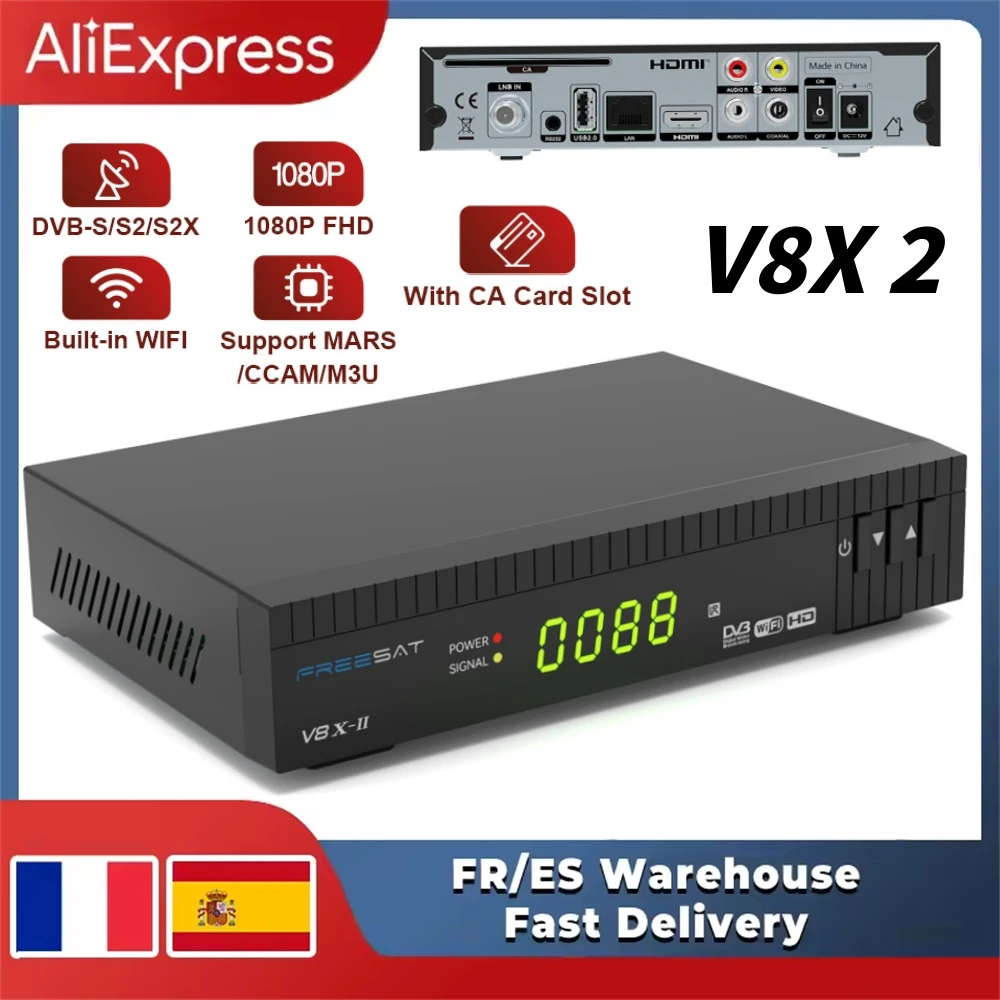 Receptor de TV Satelital FREESAT V8X2 DVB-S/S2/S2X, HEVC H.265 con WIFI 2.4G Integrado, Lector de Tarjetas CA… — oferta en AliExpress