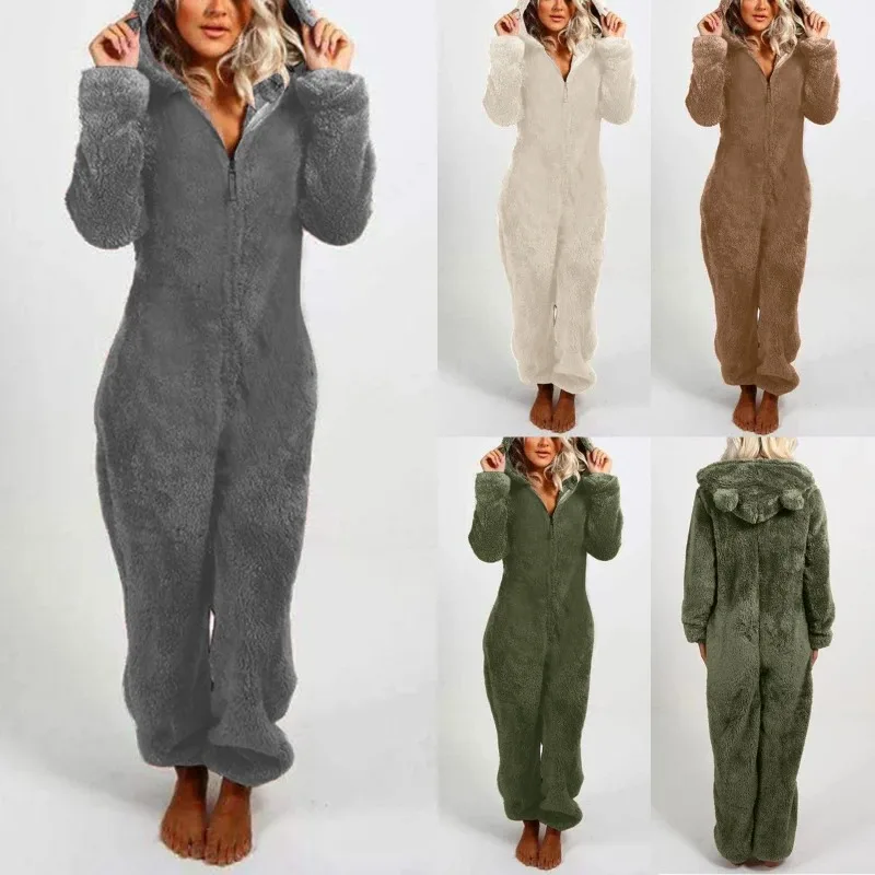 

Thickened Furry Onesies for Adults Women Fashion Fleece Sleepwear Hood Sets Pajamas for Winter Women Velvet Warm Pyjamas