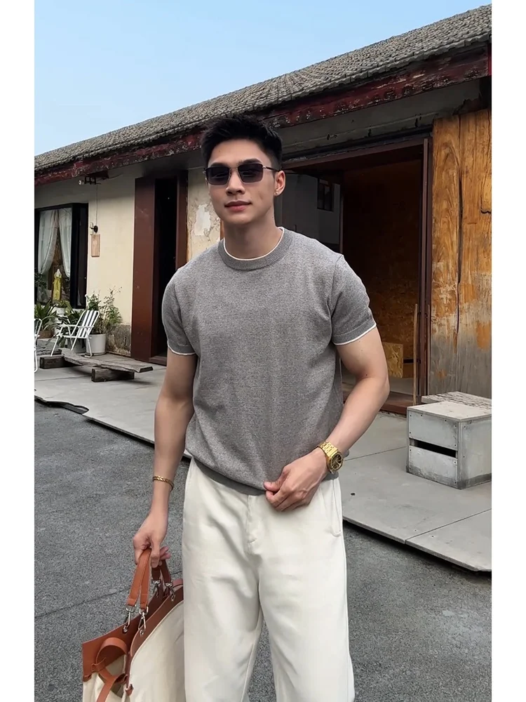 

Винтажная вязаная футболка-поло мужская приталенная летняя модная ретро-футболка высокого качества из смесового полиэстера и хлопка