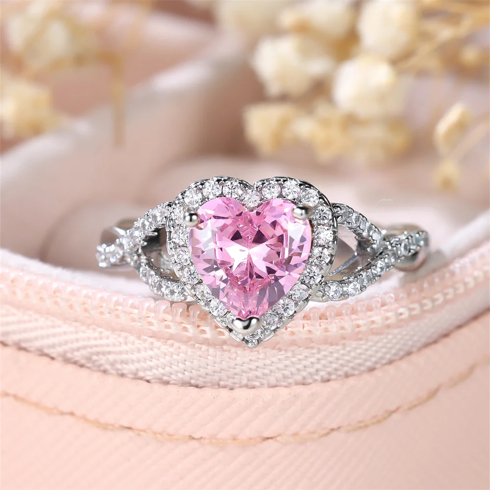 Charm Pink Zircon Love Heart Stone Rings For Women Vintage Silver Color Wedding Band Engagement Jewelry Girl Mother's Day Gift