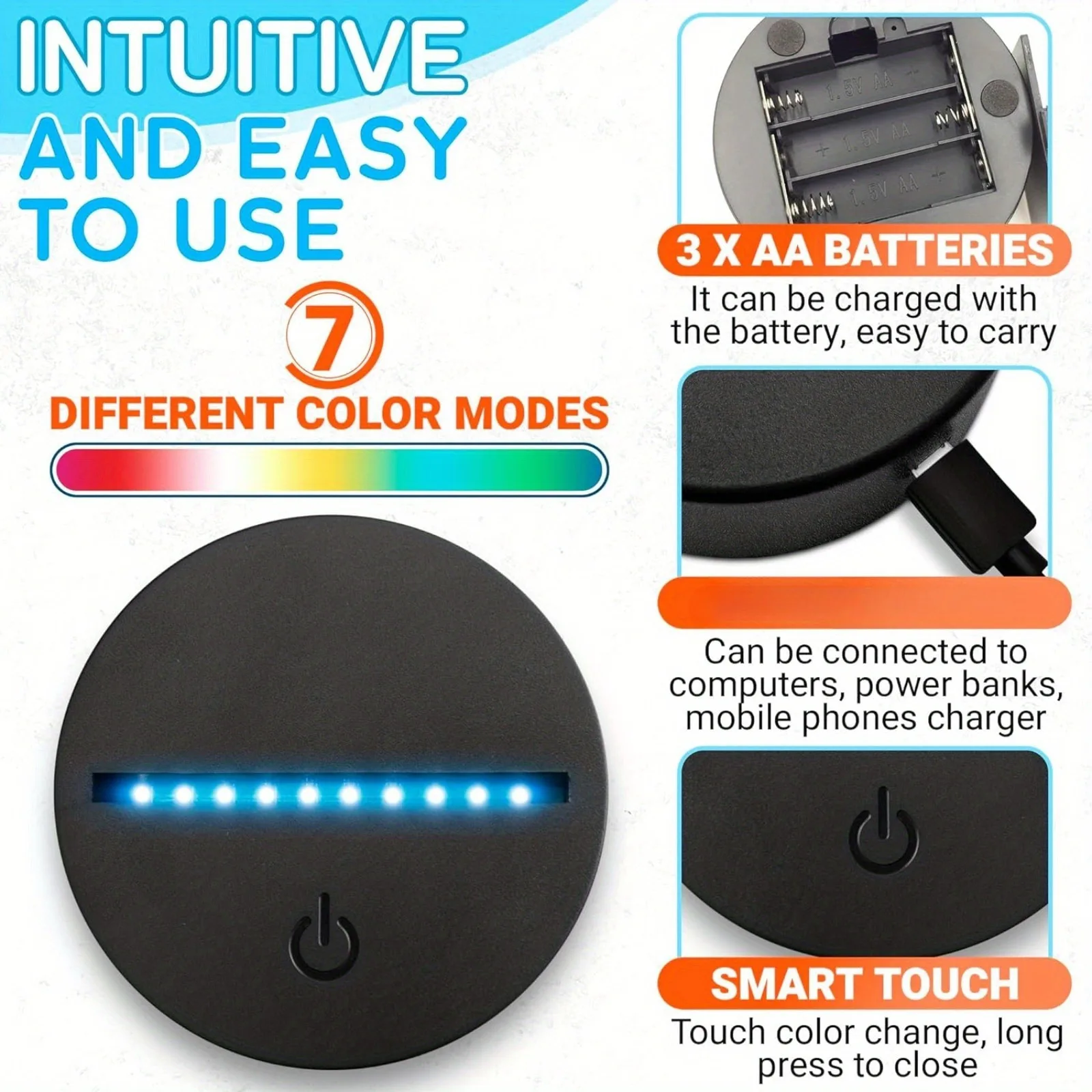 3D LED Base - USB Powered Light Holder, Touch-Sensitive Black Background with Seven Colors, Suitable for Halloween and Christmas
