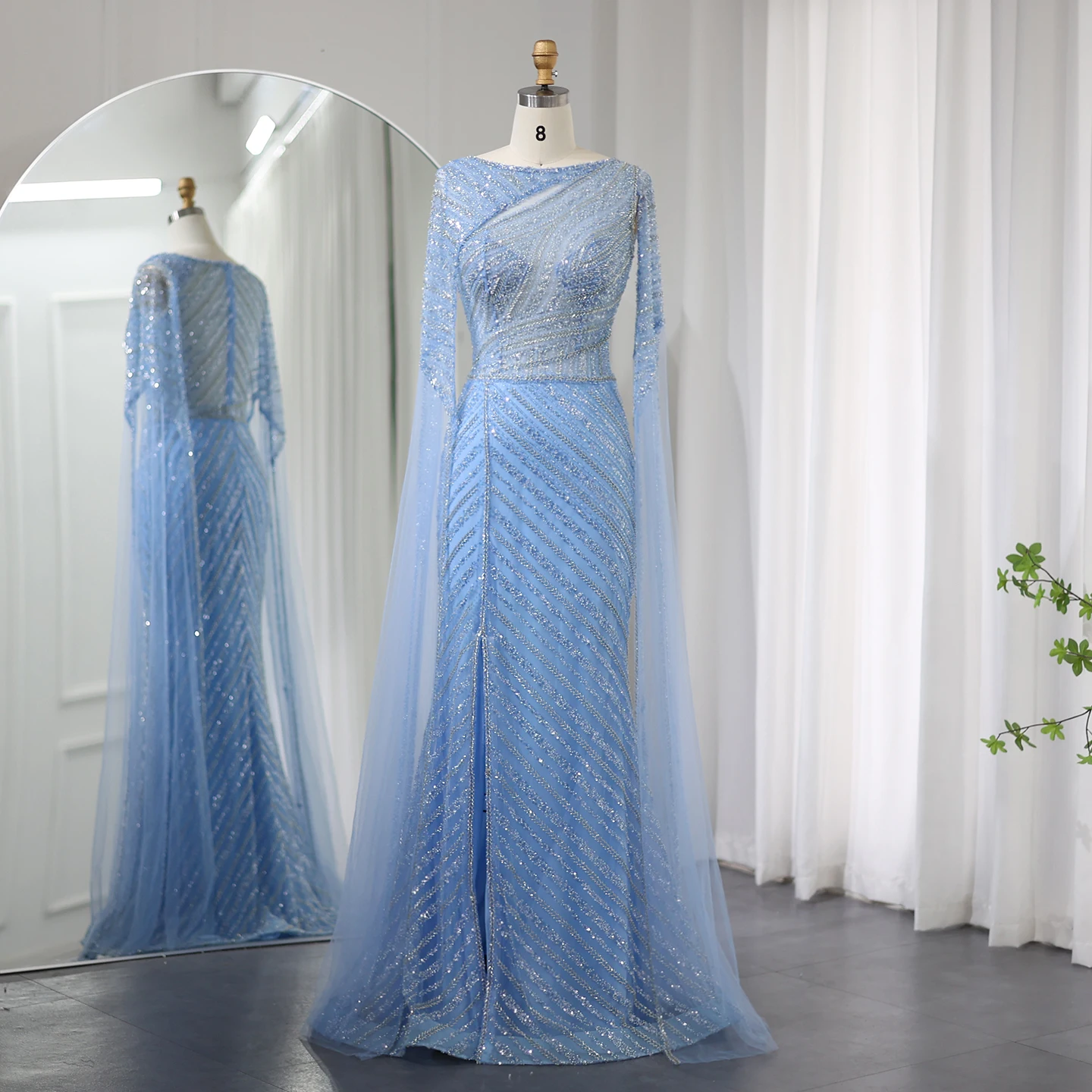 

Sharon Said Mermaid Blue Dubai Evening Dress with Cape Sleeve Luxury Plus Size Women Wedding Formal Party Gowns SS087 Customized