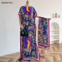 2025 New Dubai Abaya Robe Suit Peacock Print 2Pcs Scarf Shawl Ice Silk Dashiki Muslim Caftan Dress Lady Maxi Islam African Robes