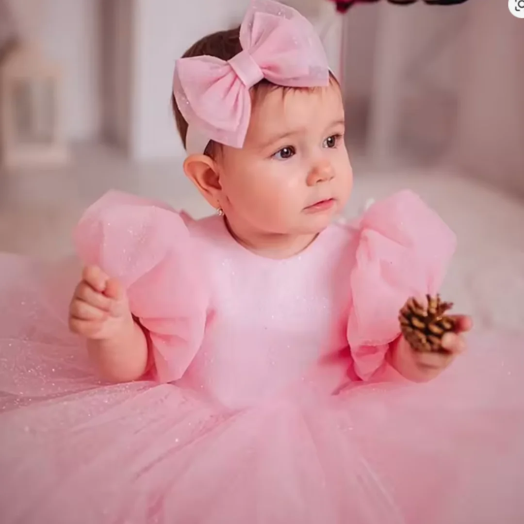 Pink Flower Girl Dresses for Wedding Kids Bow Christening Princess 1st Birthday Children Tutu Baby Girl Clothes Customized