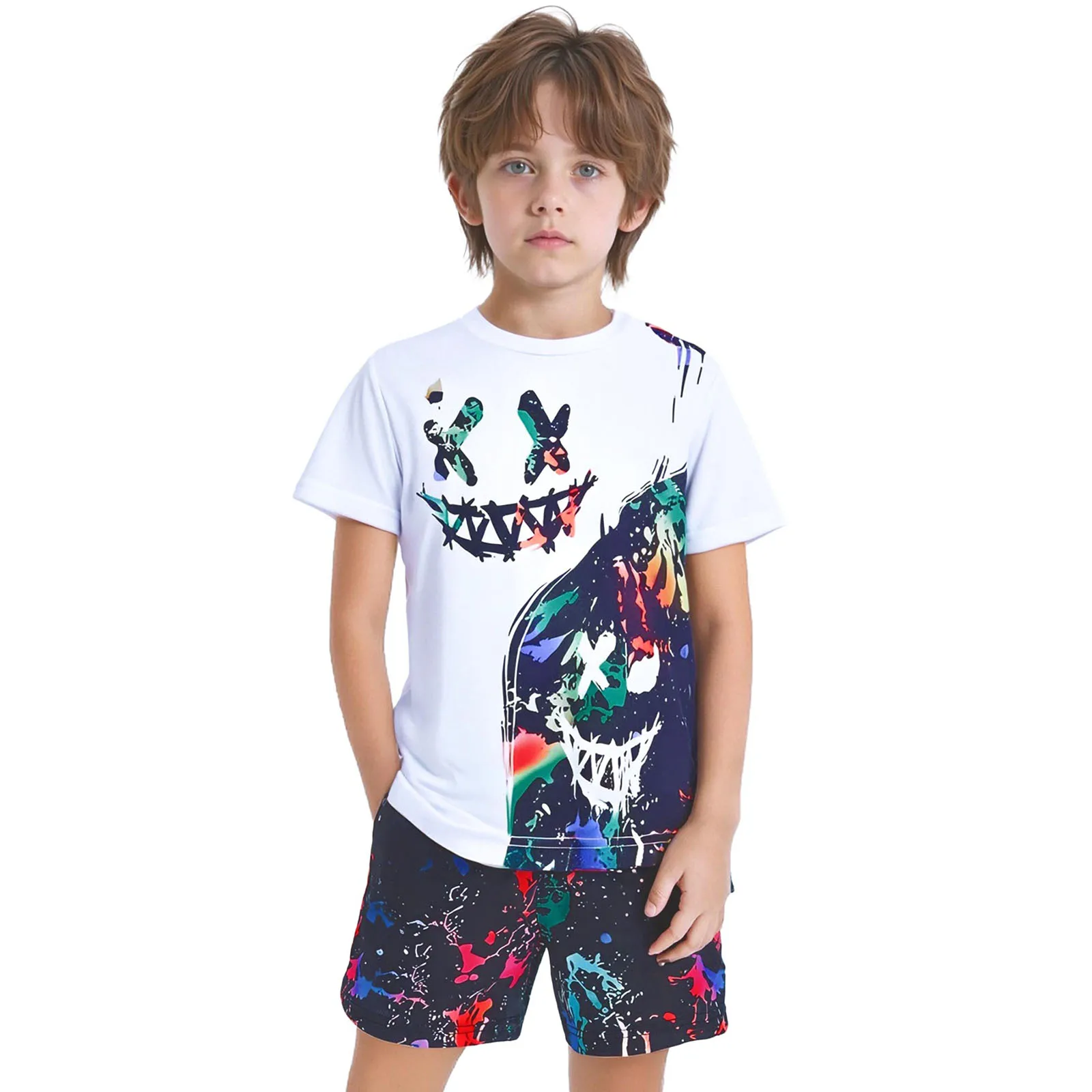 

Kids Boys Sports Outfit 2-Piece Summer Quick-Drying Tracksuit Short Sleeve Printed Color Block T-shirt with Drawstring Shorts