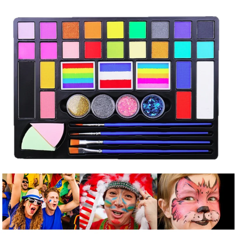 페이스 페인트 안료 키트 바디 페인팅 수용성 레인보우 팔레트 브러쉬 포함 성인용 할로윈 코스프레 파티 아트 메이크업