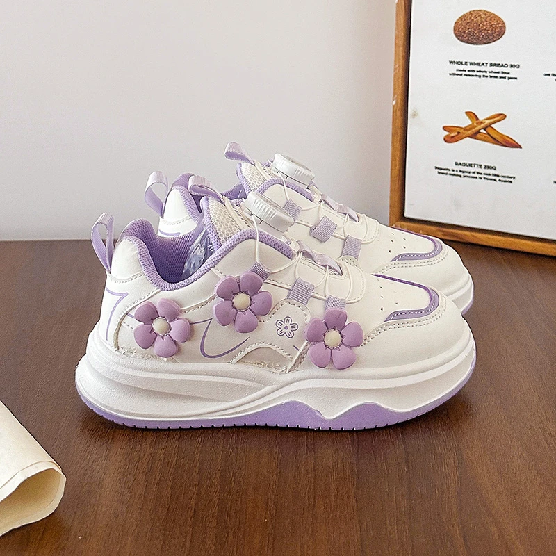 

Children's Sneakers 3-18 Years Old Four Seasons Models Pink Flowers Girls Single Shoes Purple Casual Non-slip Kids Board Shoes