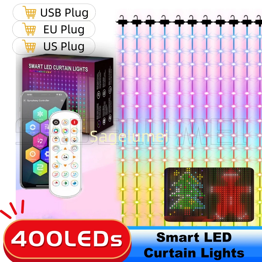 2026 400LEDS Decoration RGB curtain Smart Lights App Controlled String Fairy Lights DIY Pattern and Text Programmable Music Sync