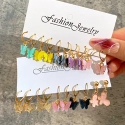 Bohemia Colorful Pink Acrylic Butterfly Dangle Earrings Set for Women Teens Gold Color Alloy Metal Vintage Drop Earring Jewelry