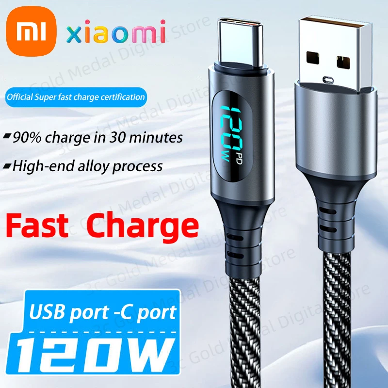 Xiaomi 120W Ultra Fast Charge USB Type C Cable LED Digital Display For iPhone Samsung  Redmi Huawei Quick Charging Data Cord