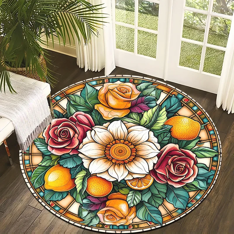 Floral lemon color style Flannel-printed round floor mats are slip-resistant Suitable living room bedroom terrace garden carpets