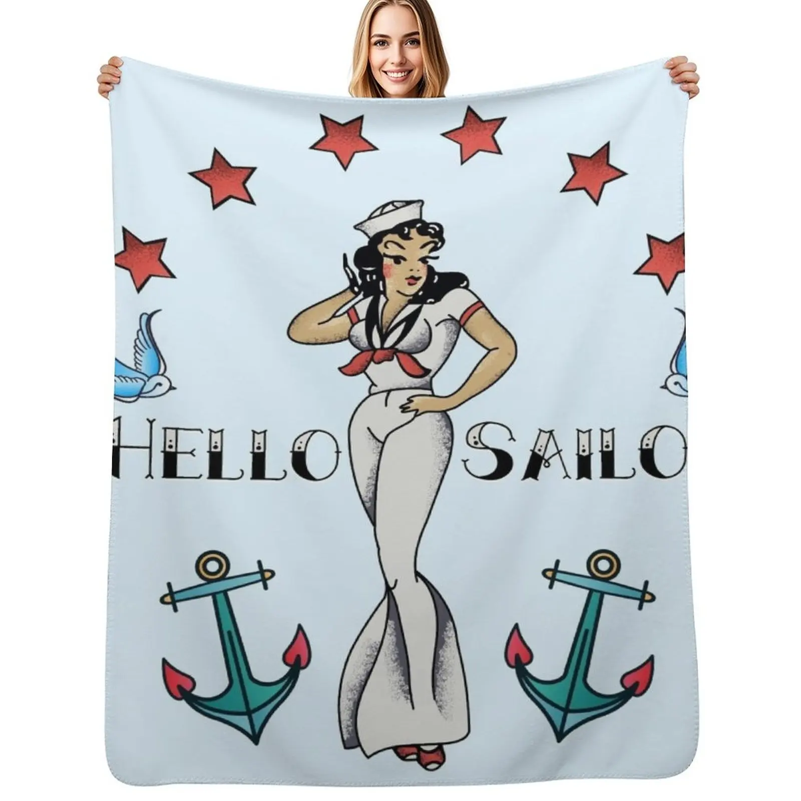 Jerry Style Hello Sailor Vintage Pin Up Tattoo Throw Blanket Elegant Warm Throw Blanket for Hotel Home