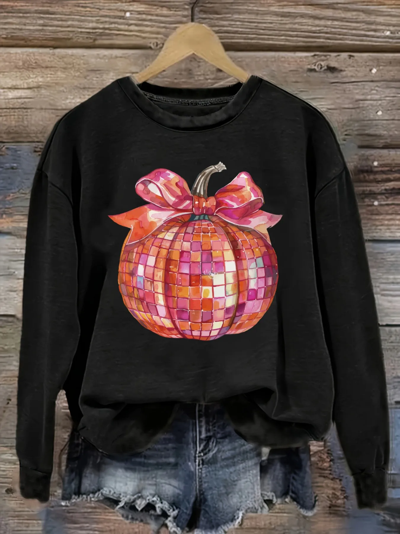 Women's Casual Long Sleeve Crew Neck T-Shirt Disco Pumpkin With Bow Print Design, Round Neck Women's Clothing, Machine Washable, Slightly Elastic, Loose Fit, Spring Autumn Winter Women's T-Shirt, Halloween Costume Outfit