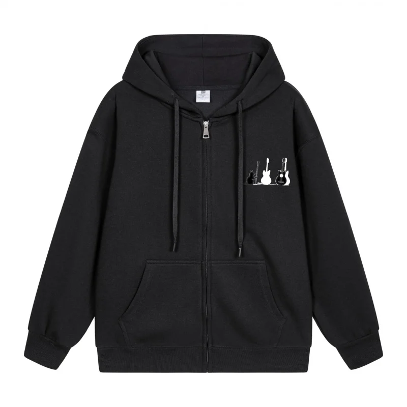 

Men's Zip-Up Hoodie White Guitar Prints On Chest 2025 New Style Casual Couples’ Style Couples’ Style