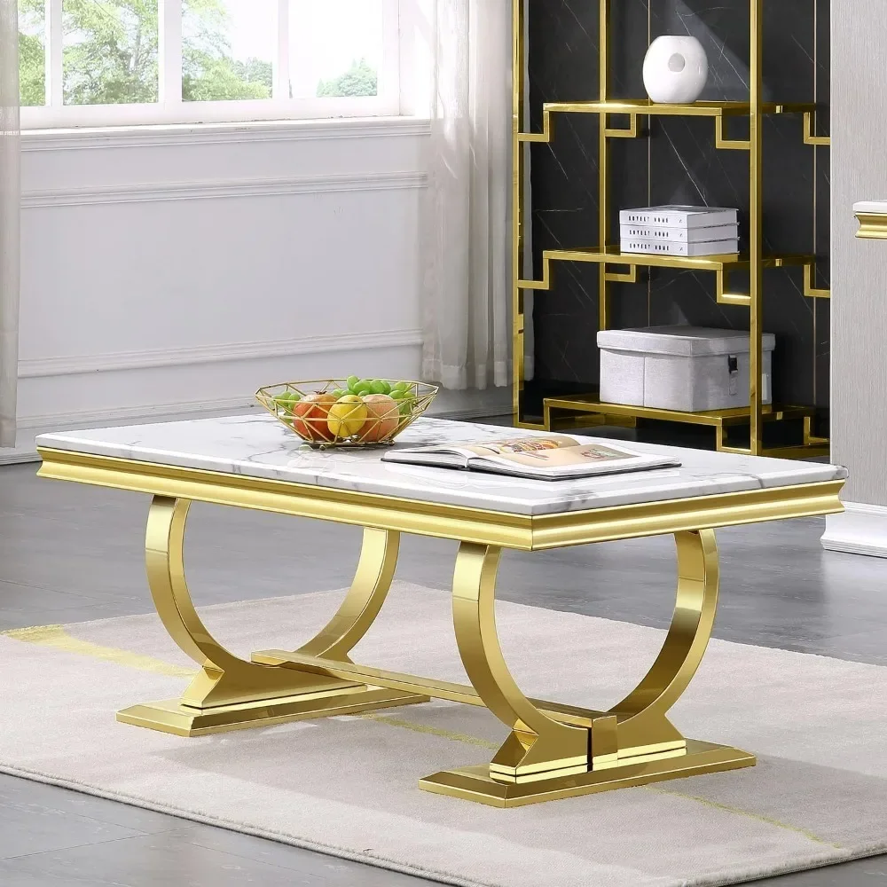 Coffee Table, White and Gold Rectangle Living Room Tea Table, Sofa Coffee Table for Living Room, Guest Hall, Reception Room