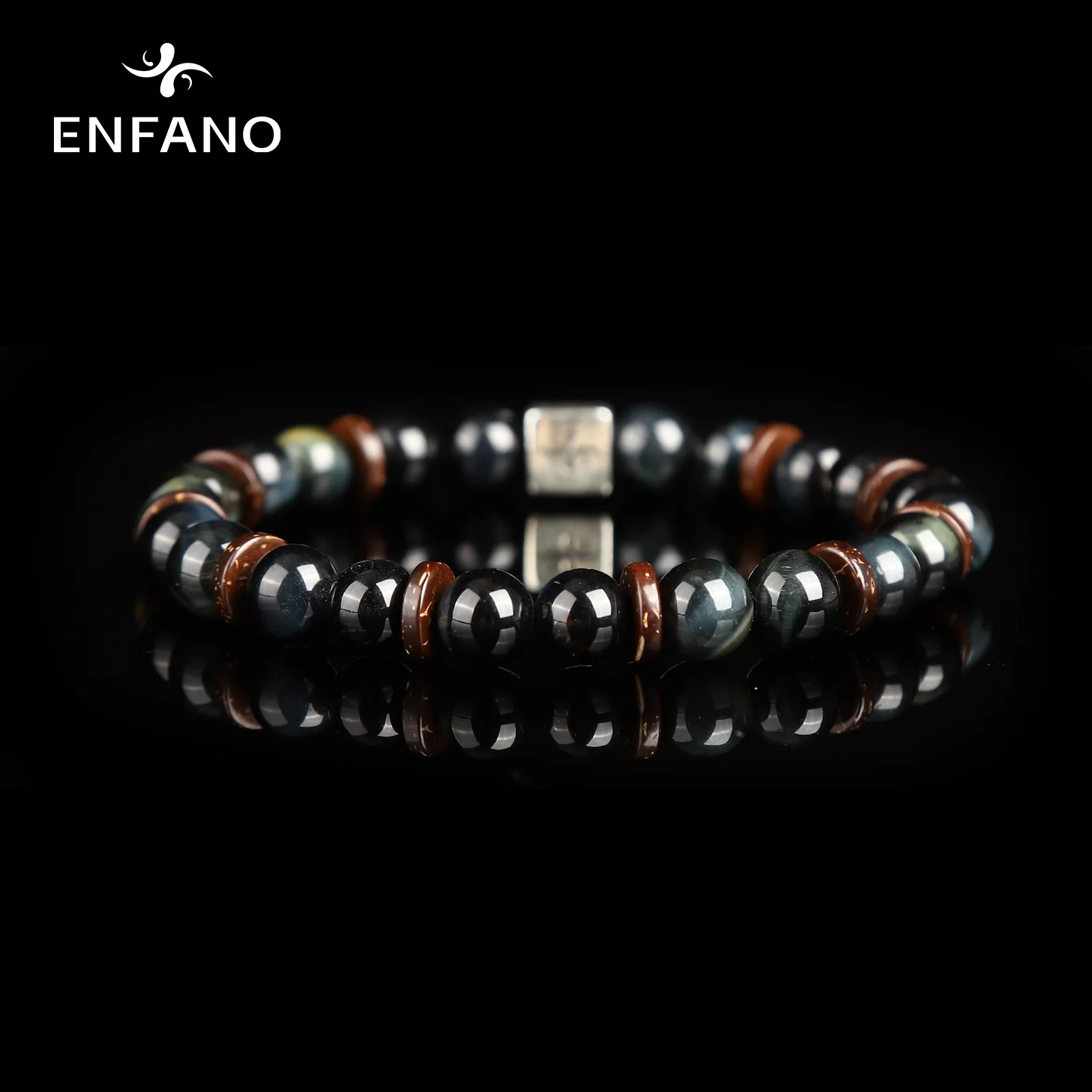 

ENFANO Ink Blue Tiger Eye Stone Bracelet 8mm Round Bead Bracelet Fashion Father Men Gift Size Name Text Personalized Custom