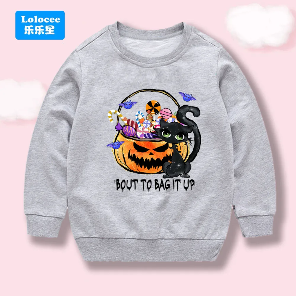 Kids Cartoon Cat Pumpkin Print Halloween Sweatshirt Long Sleeve Pullover Spooky Season Streetwear Casual Top