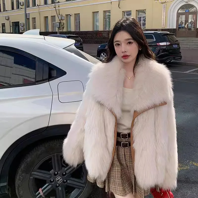 معطف فرو صناعي للنساء سترة فرو متينة كبيرة بياقة مقلوبة وأكمام طويلة وزر مغطى فضفاض غير رسمي للمكتب للسيدات لخريف وشتاء 2025 #3