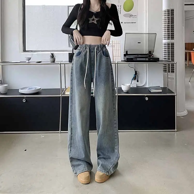 Hong Kong Sle Retro Drawstring Straight Jeans Women Spring and Autumn High Waist Wide Leg Pants