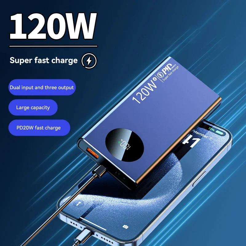 120w 50000mAh 고용량 보조베터리 빠른 충전 보조베터리 iPhone 용 휴대용 배터리 충전기 Samsung Huawei 2025 New