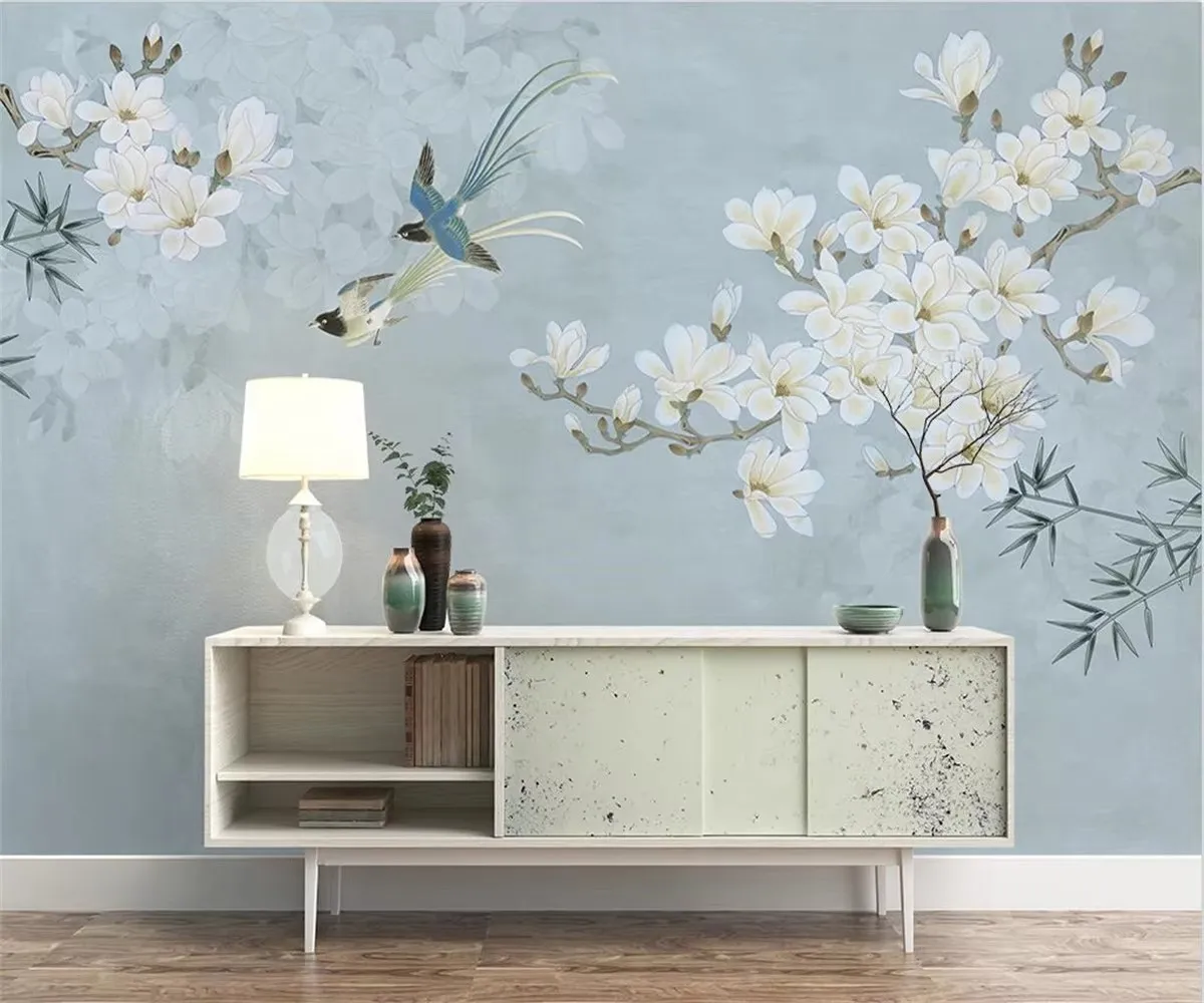 custom 3D wallpaper hand-painted White flowers branch flowers and birds mural  living room bedroom background wall 3d wallpaper