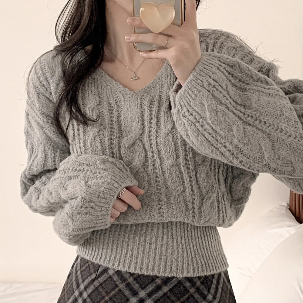 Women's Knitted Sweater Chic Lazy Twist Lantern Sve Pure Color V-Ne Pullover Autumn Winter Korean Sle Ele Top