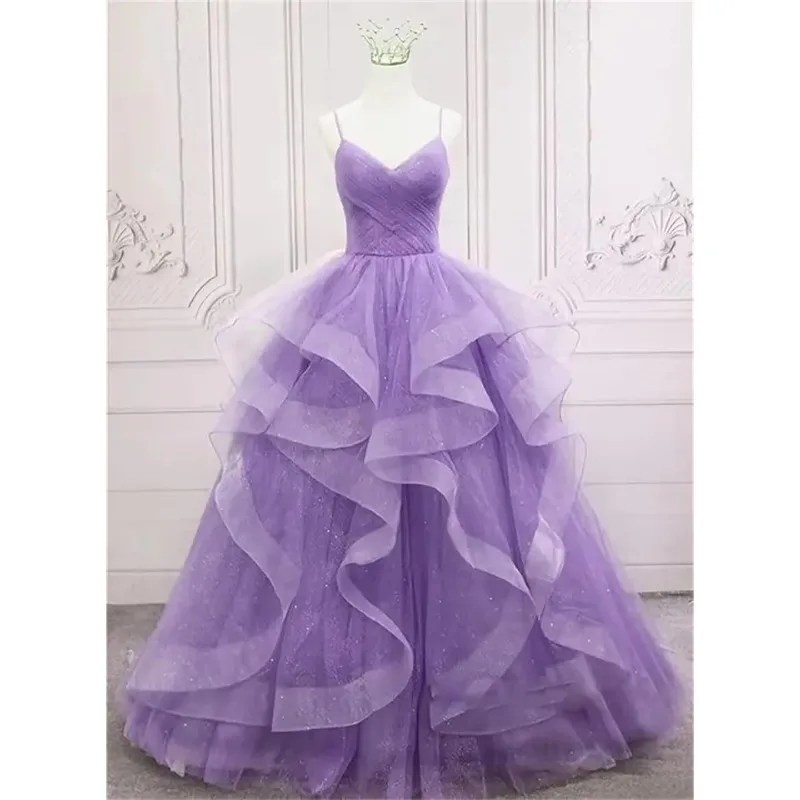 

Customized Glitter Tulle Prom Dresses Spaghetti Straps Ball Gowns for Women Puffy Tiered Formal Evening Party Dress