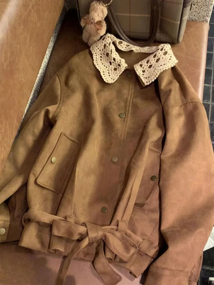 Women Korean Vintage Jacket Autumn Patchwork Bandage Streetwear Casual Coats Y2K Hottie Loose Long Sleeve Button Brown Outwear